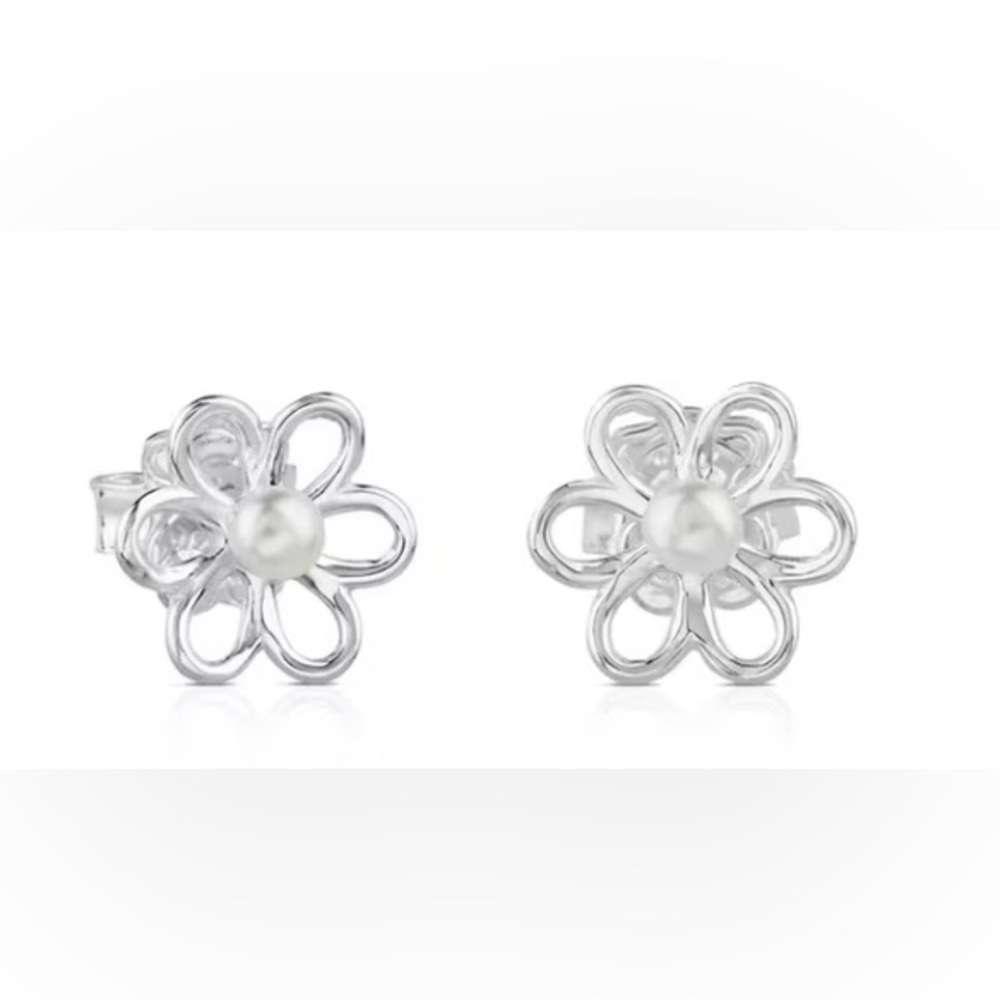 TOUS Silver and Pearls Maggie Earrings with Flower Motif